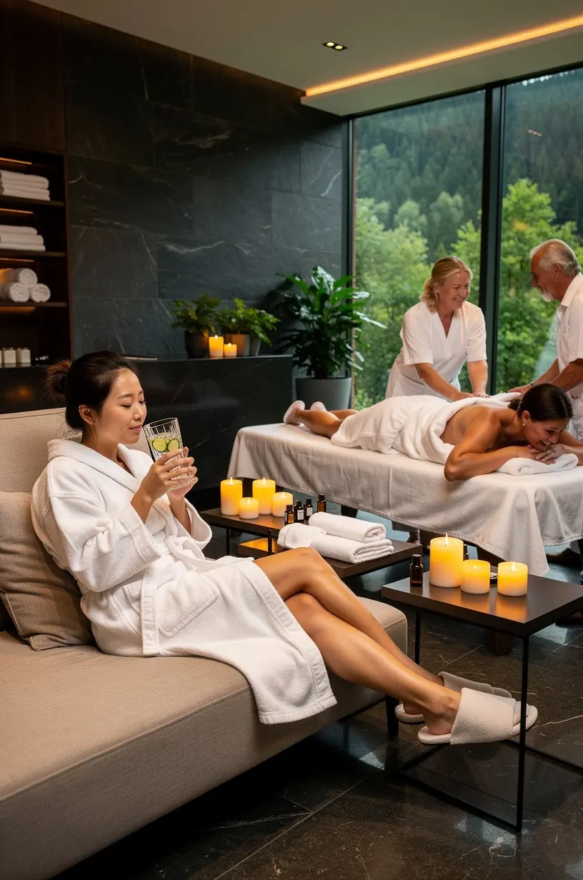 Idyllischer Spazierweg durch einen grünen Wald nahe eines Wellnesshotels